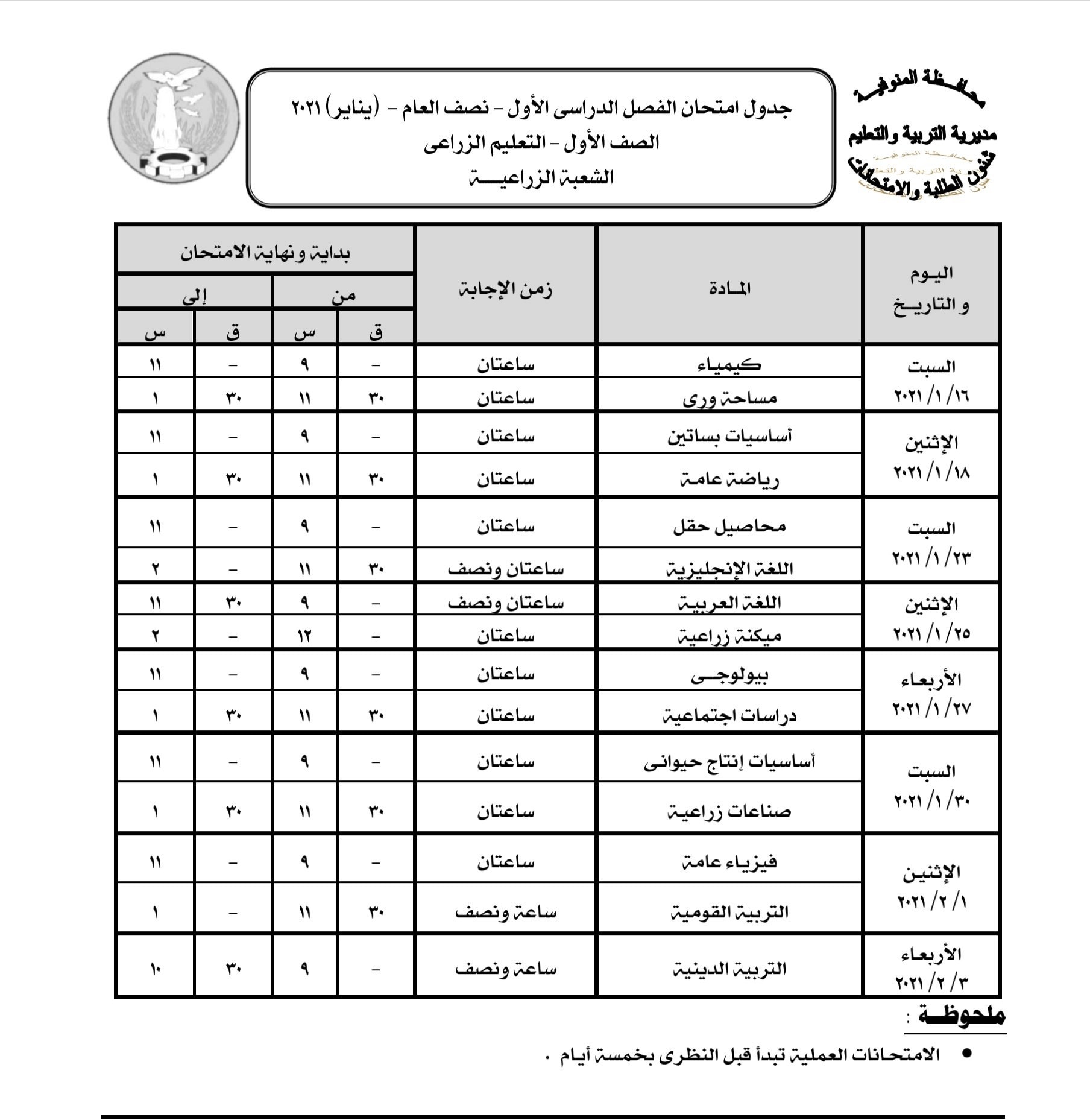 جدول امتحانات نصف العام للتعليم الفني الزراعي 2020 فى محافظة المنوفية