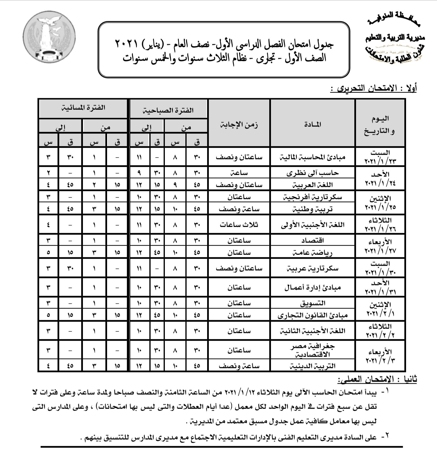 جدول امتحانات نصف العام للتعليم الفني التجاري 2020 فى محافظة المنوفية